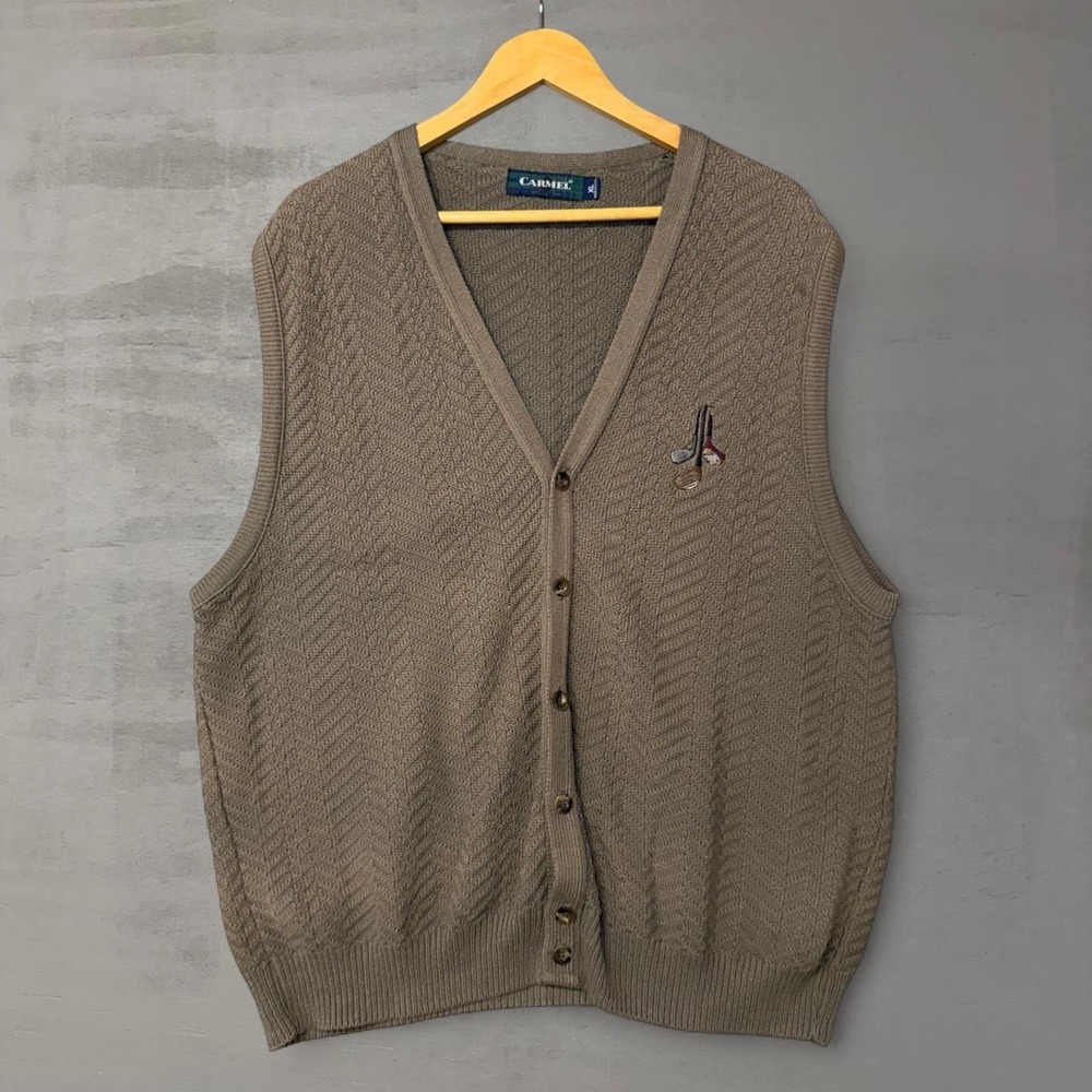 Vintage Carmel Golf Cardigan Vest Brown Textured Knit Embroidered XL